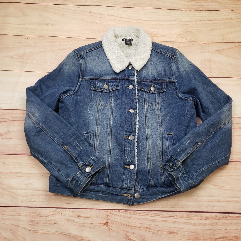Hot Topic Trucker Jacket Junior L Blue Sherpa Lined Denim Medium Wash Distressed